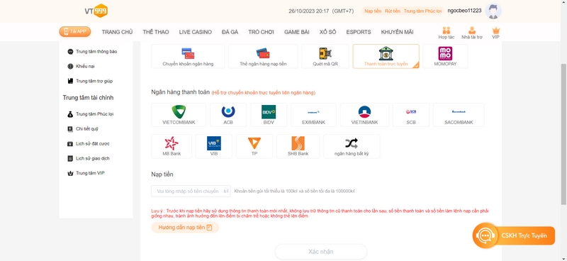 Nạp Tiền Vt999 Thông Qua Hình Thức Thanh Toán Trực Tuyến Qua Ngân Hàng
